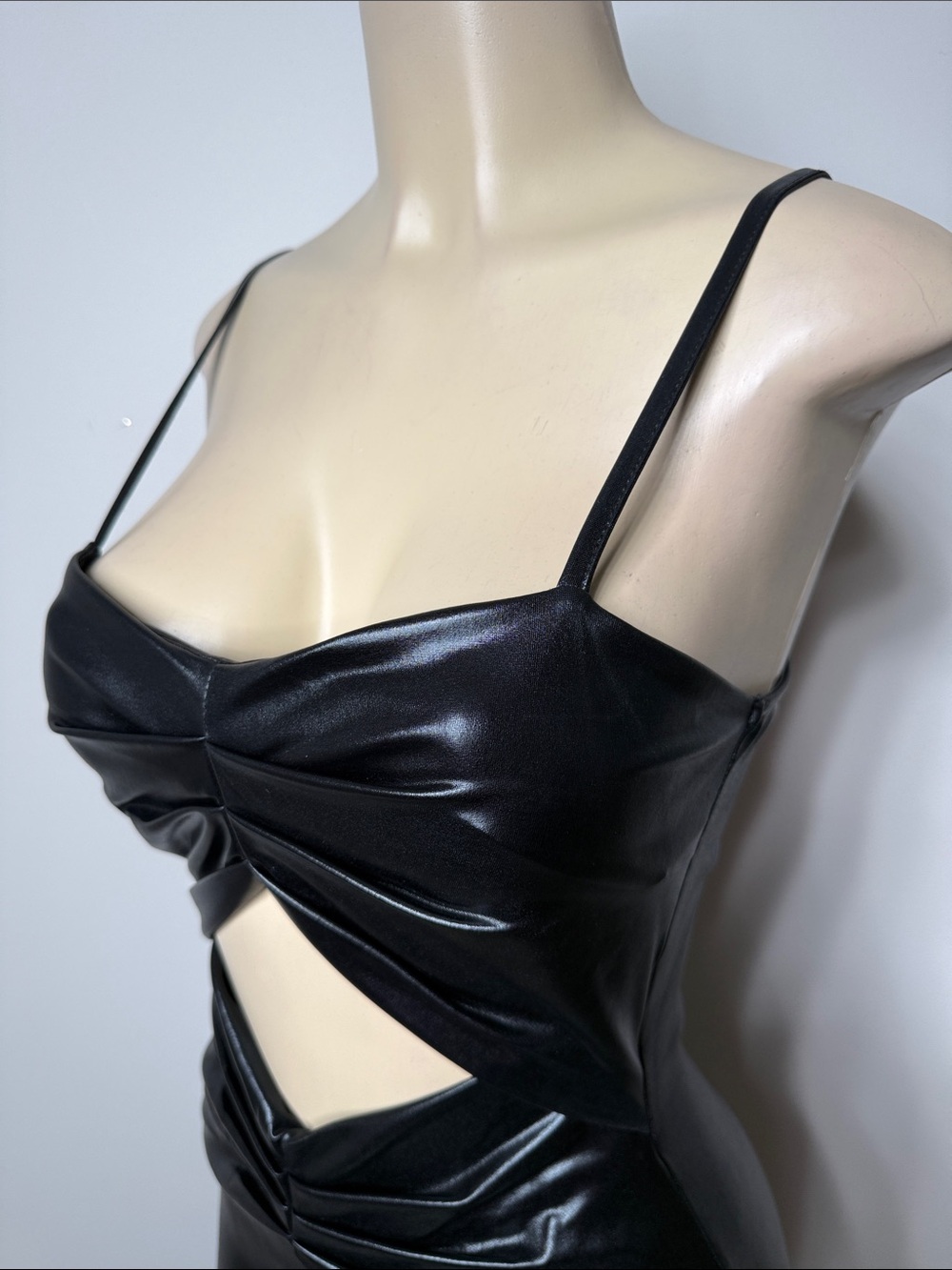 Strappy Black Faux Leather Midi Dress with Front Cutout - Picture 3 of 8